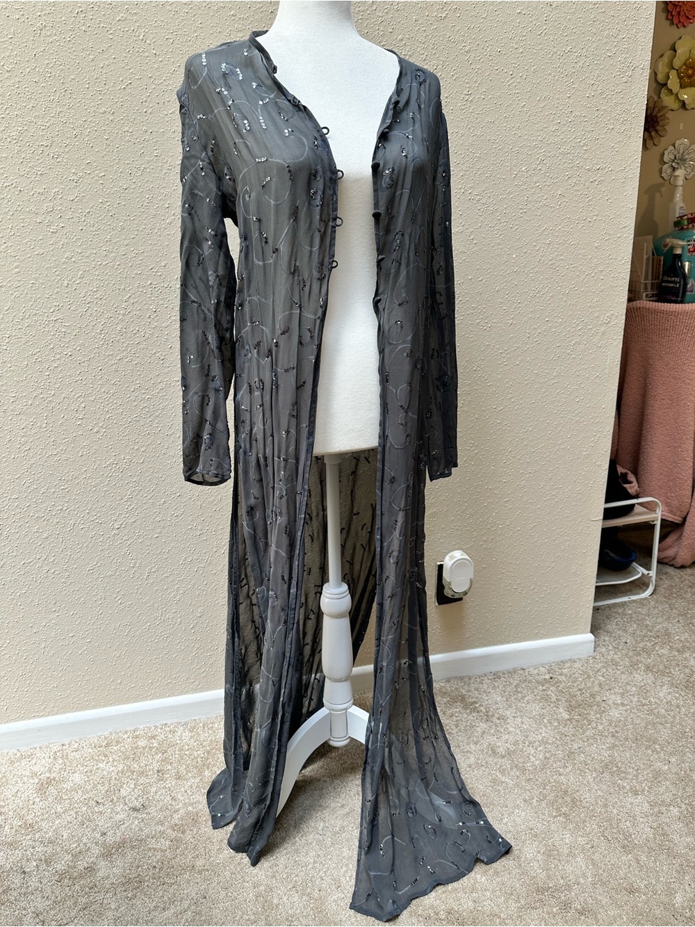 Vintage 100% Silk Sheer Sequin Embellished Button Long Duster Sz 8 Whimsigoth